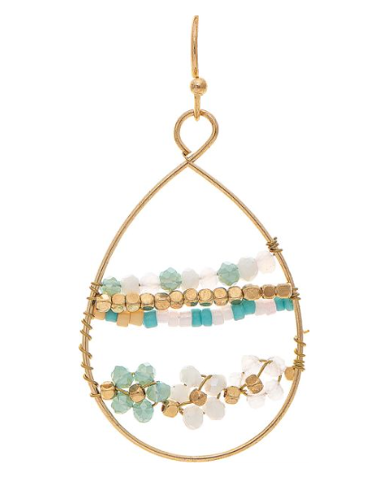 Gold Pink Flower Bead Rows Teardrop Earring