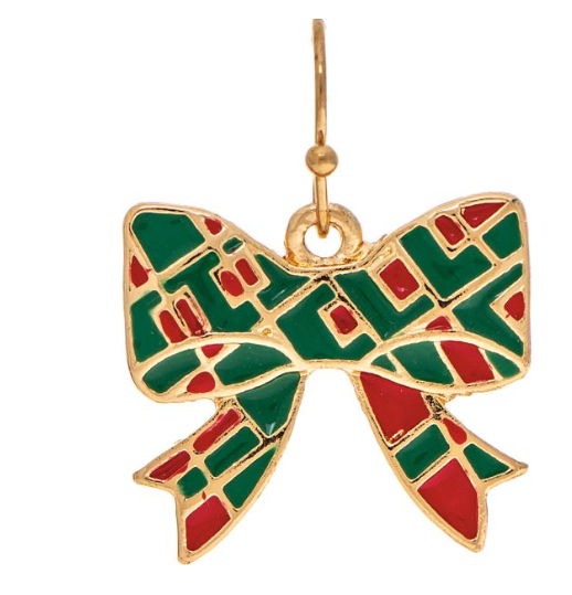 Gold Red Green Enamel Xmas Bow Earring