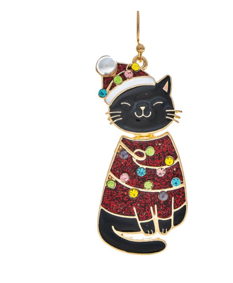 Gold Red Sweater Cat Bobble Head Holiday Lights Sweater Enamel Earring