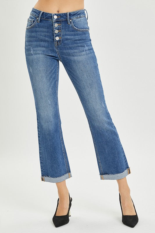 HIGH RISE BUTTON FLY ANKLE STRAIGHT LEG JEANS RDP5535 DARK
