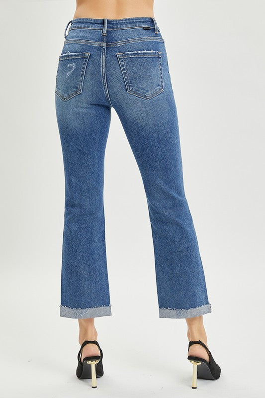 HIGH RISE BUTTON FLY ANKLE STRAIGHT LEG JEANS RDP5535 DARK