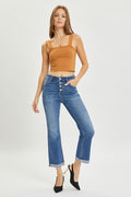HIGH RISE BUTTON FLY ANKLE STRAIGHT LEG JEANS RDP5535 DARK