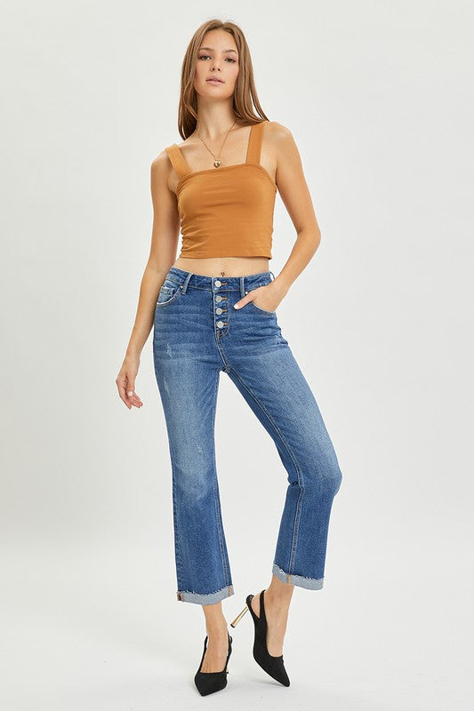 HIGH RISE BUTTON FLY ANKLE STRAIGHT LEG JEANS RDP5535 DARK
