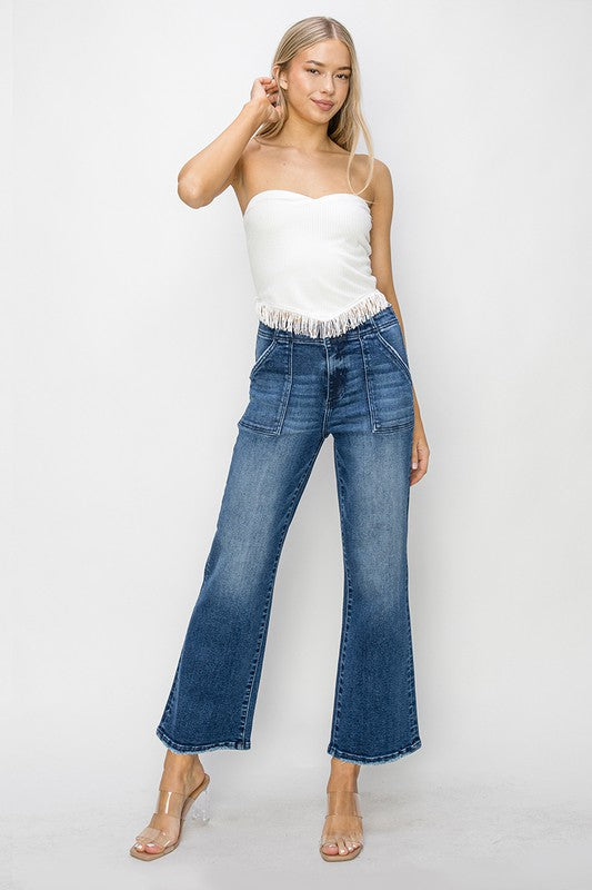 HIGH RISE PATCH POCKETS ANKLE FLARE PANTS Denim