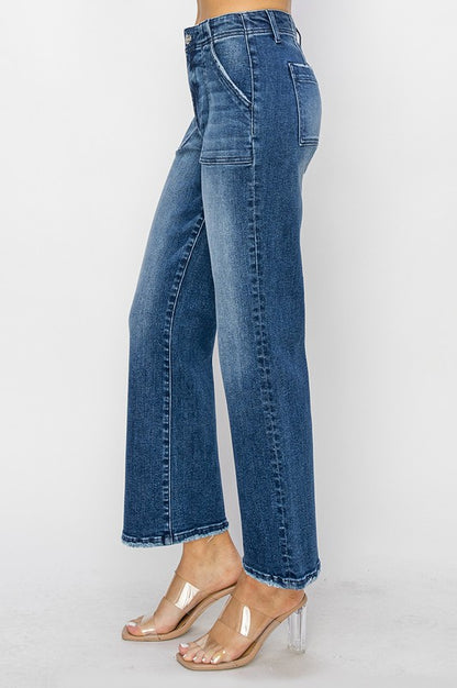 HIGH RISE PATCH POCKETS ANKLE FLARE PANTS Denim