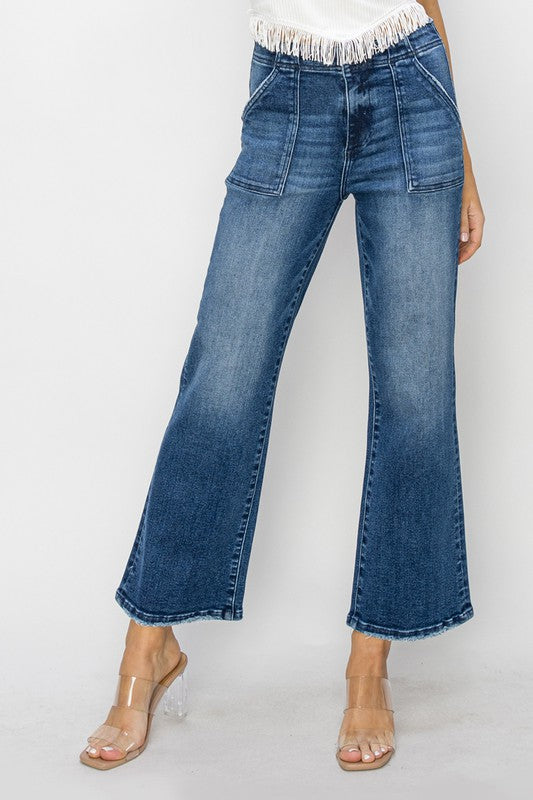 HIGH RISE PATCH POCKETS ANKLE FLARE PANTS Denim