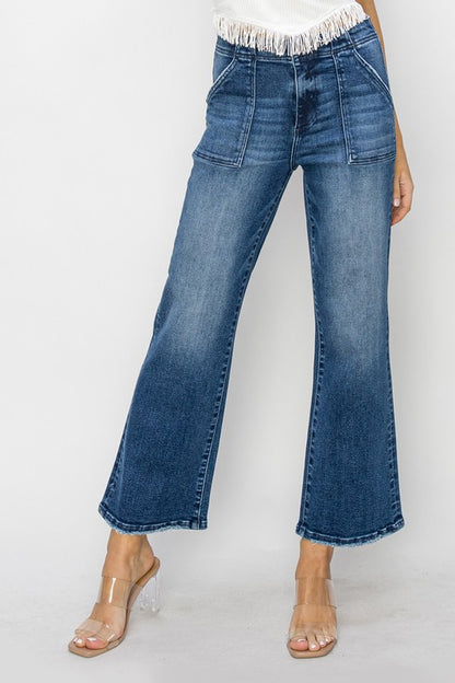 HIGH RISE PATCH POCKETS ANKLE FLARE PANTS Denim