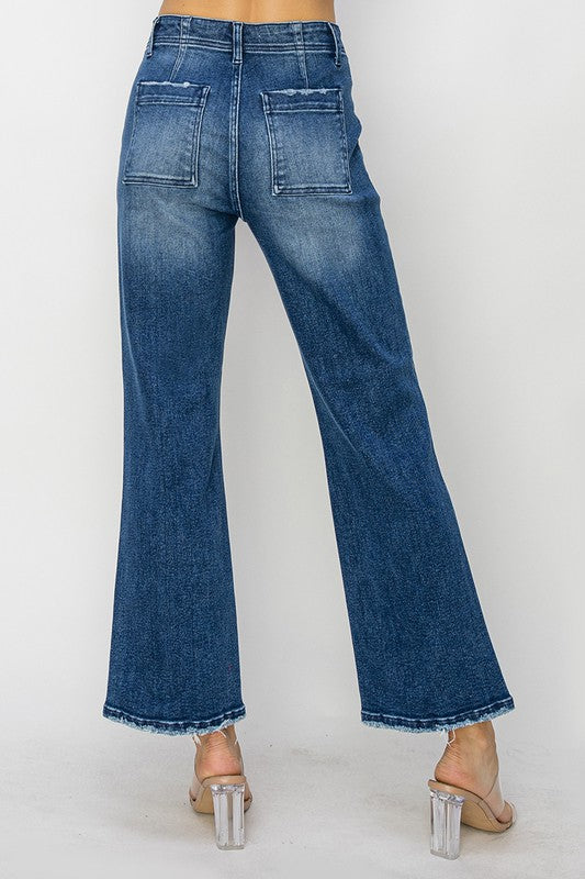 HIGH RISE PATCH POCKETS ANKLE FLARE PANTS Denim