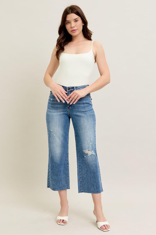Judy Blue HW Back Pkt Embroidery & Raw Cut Hem Crop