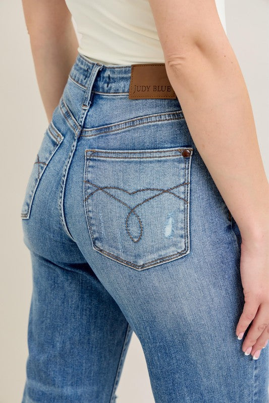 Judy Blue HW Back Pkt Embroidery & Raw Cut Hem Crop