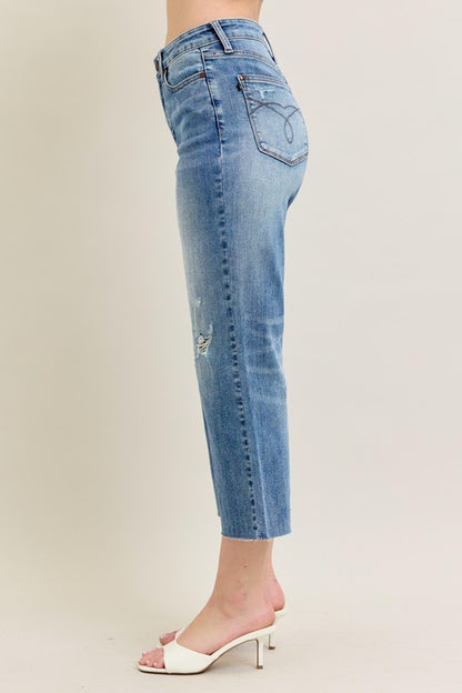 Judy Blue HW Back Pkt Embroidery & Raw Cut Hem Crop