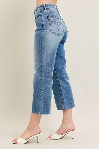 Judy Blue HW Back Pkt Embroidery & Raw Cut Hem Crop
