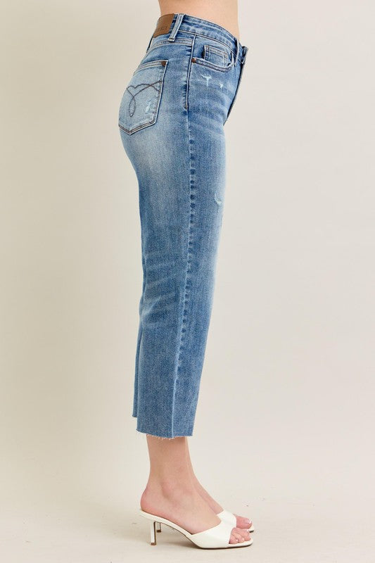 Judy Blue HW Back Pkt Embroidery & Raw Cut Hem Crop