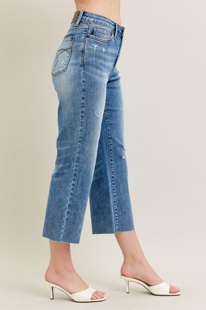 Judy Blue HW Back Pkt Embroidery & Raw Cut Hem Crop