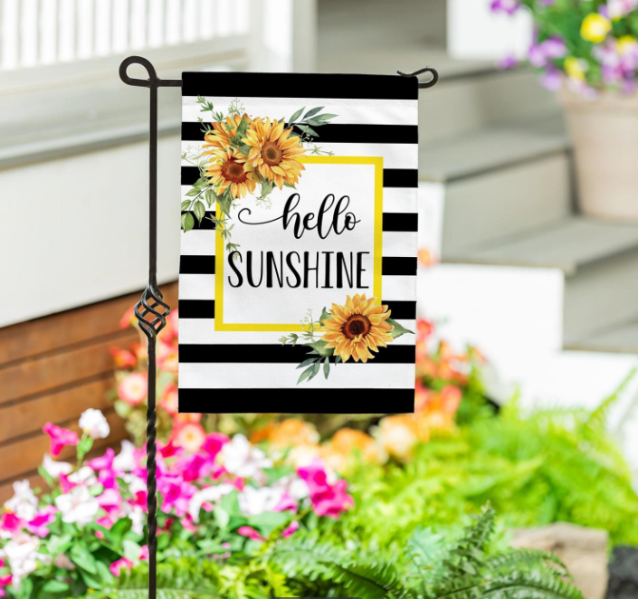 Hello Sunshine Plaid Burlap Garden Flag