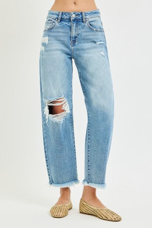 High Rise Crop Barrel Distressed Jeans