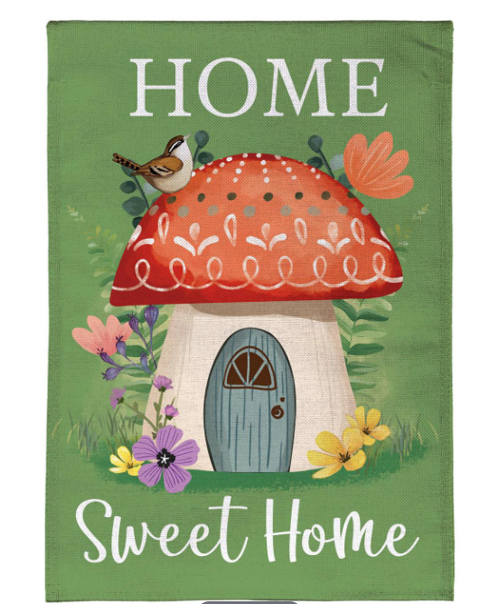 Home Sweet Mushroom Home Burlap Flag