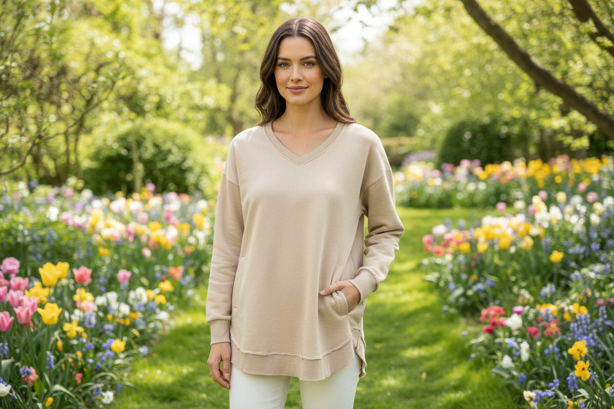 Royce Tan V-Neck Sweatshirt With Pocket