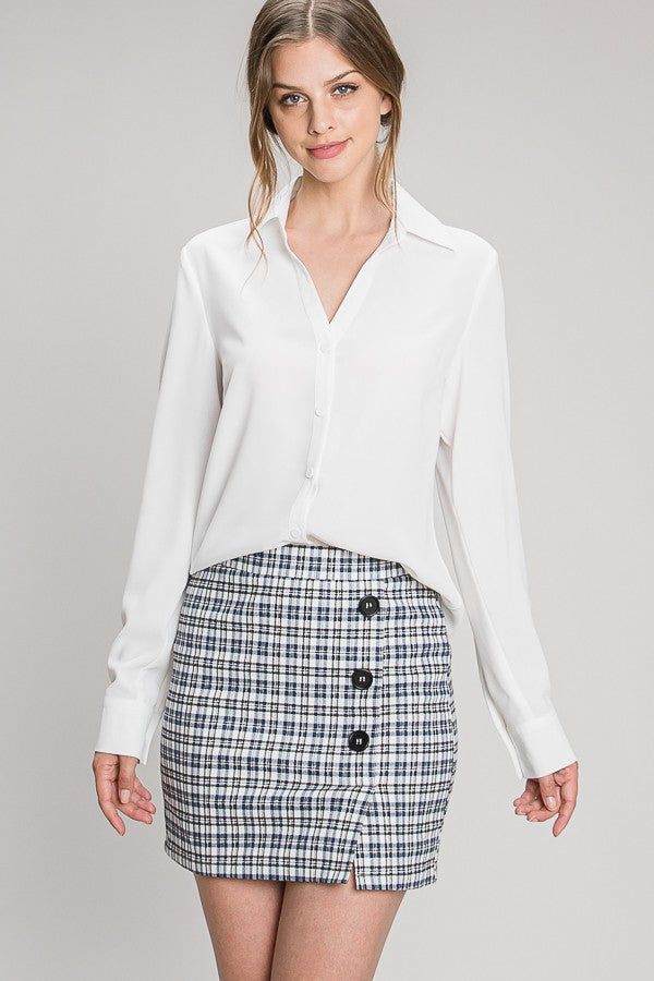 Crepe V-Neck Button Up Dress Shirt