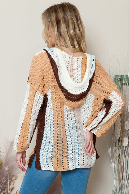 Katrina White Striped Colorblock Cut Out Hooded Sweater