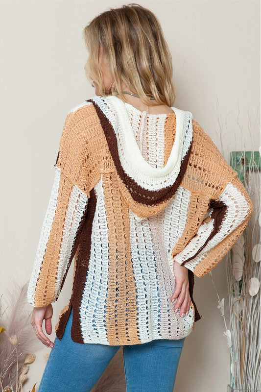 Katrina White Striped Colorblock Cut Out Hooded Sweater