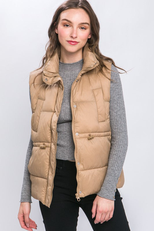 Zip Up Button Puffer Vest with Waist Toggles !