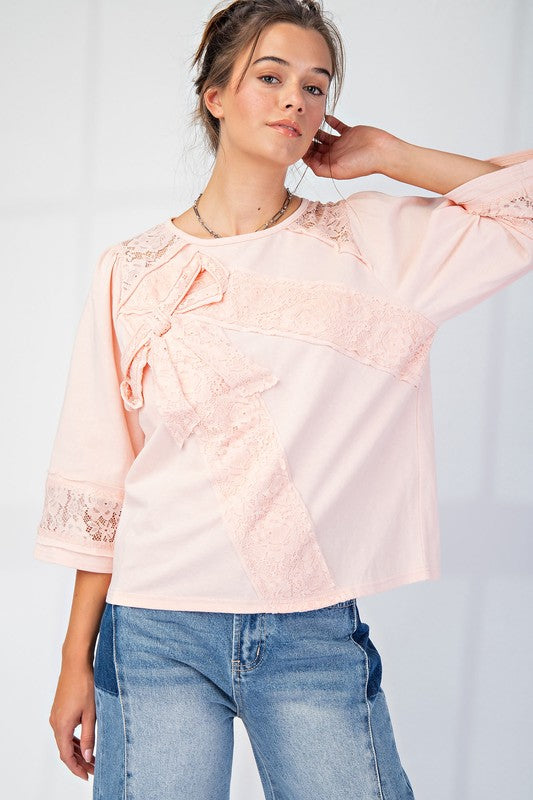 Let's Go LACE BOW PATCH COTTON JERSEY TOP