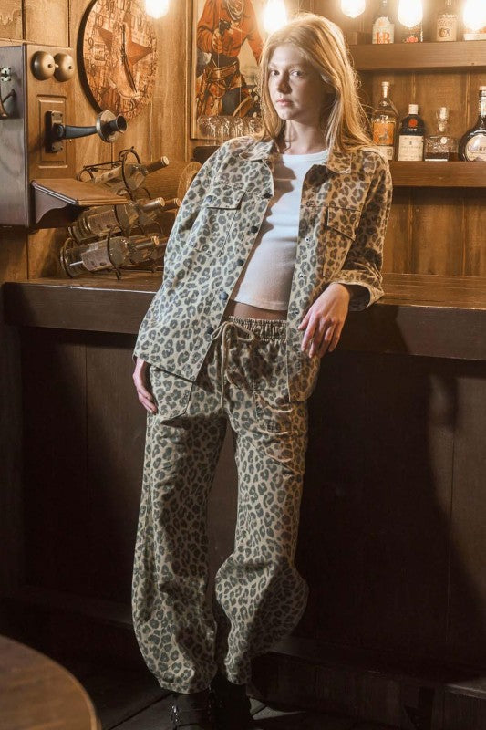Leopard Print Drawstring Parachute Pants