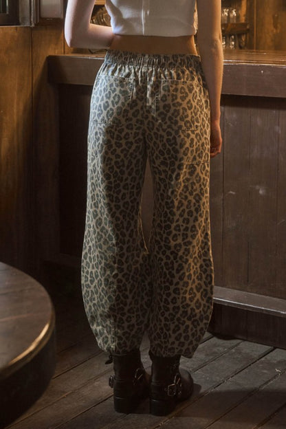 Leopard Print Drawstring Parachute Pants