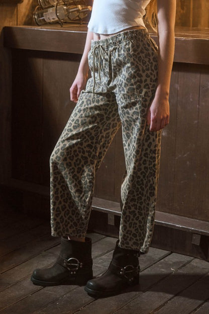 Leopard Print Drawstring Parachute Pants