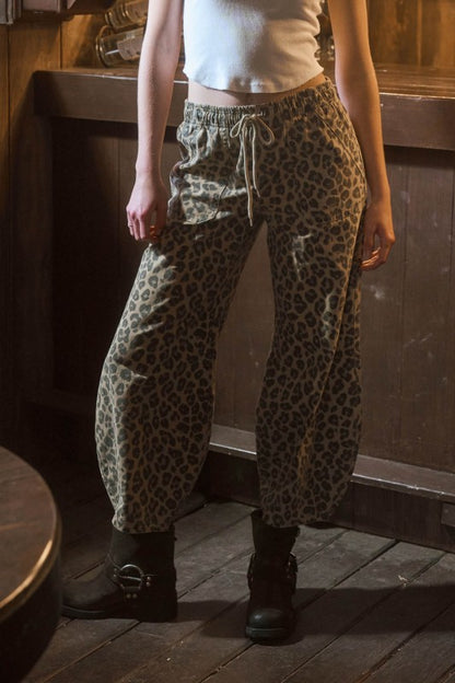 Leopard Print Drawstring Parachute Pants