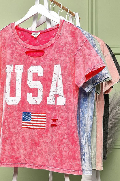 Laser Cut Mineral Washed American Flag Print Top