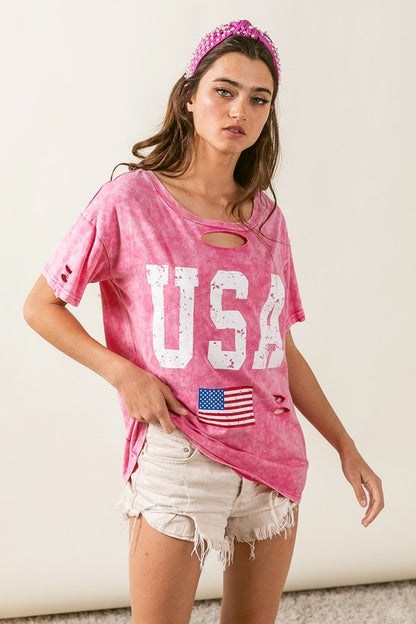 Laser Cut Mineral Washed American Flag Print Top