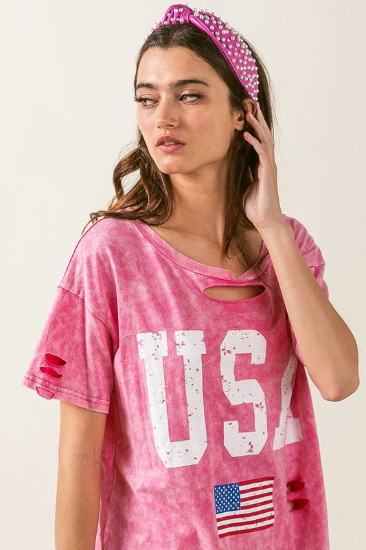 Laser Cut Mineral Washed American Flag Print Top