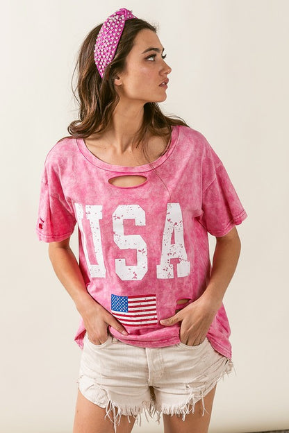 Laser Cut Mineral Washed American Flag Print Top