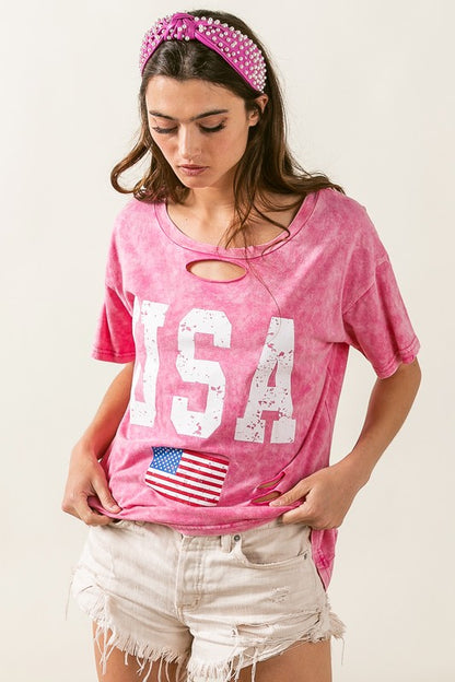 Laser Cut Mineral Washed American Flag Print Top