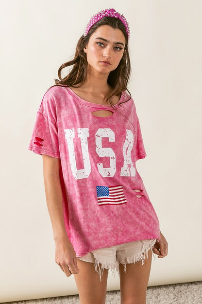 Laser Cut Mineral Washed American Flag Print Top