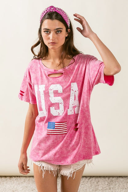 Laser Cut Mineral Washed American Flag Print Top