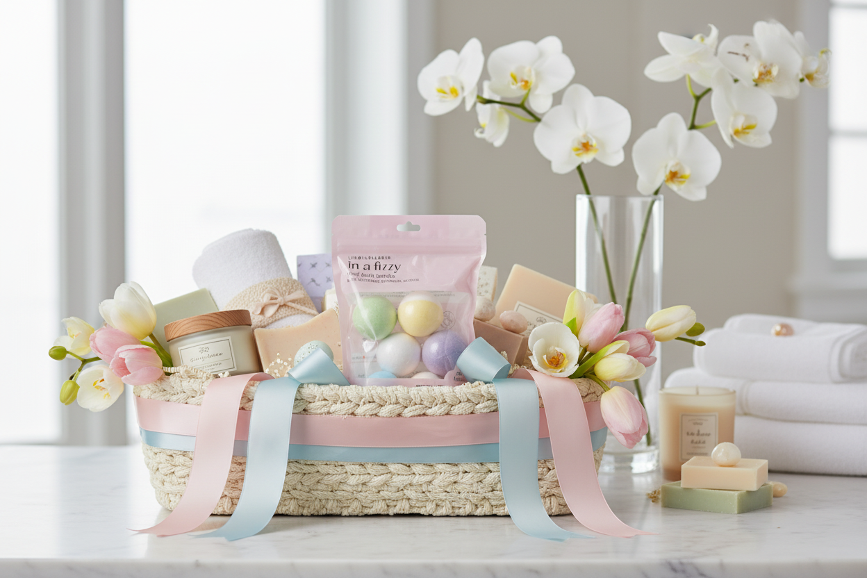 Gift basket with pastel items including candles, soap, and flowers on a white surface.