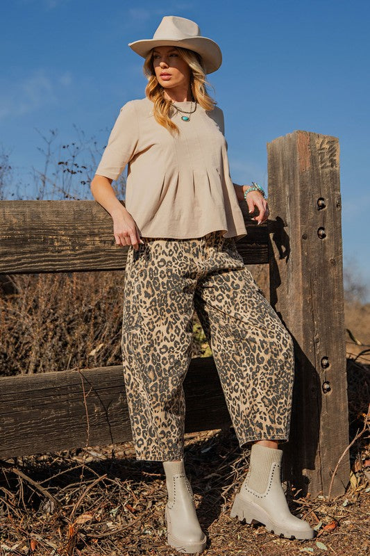 Easel Leopard Print Washed Twill Barrel Pants
