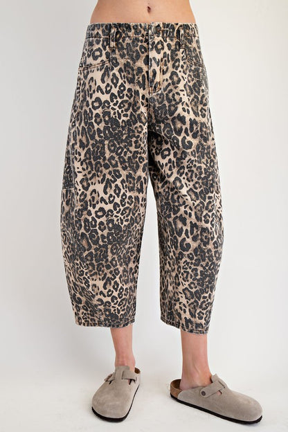 Easel Leopard Print Washed Twill Barrel Pants