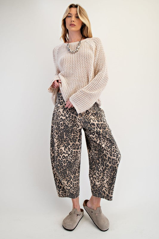 Easel Leopard Print Washed Twill Barrel Pants