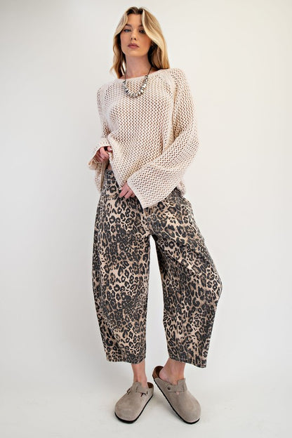 Easel Leopard Print Washed Twill Barrel Pants
