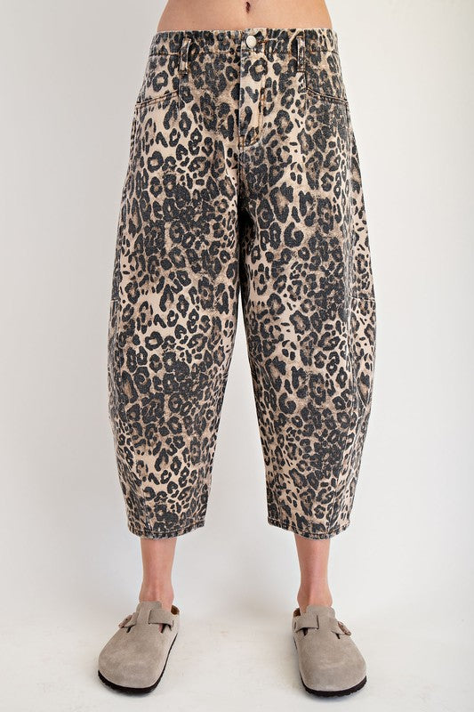 Easel Leopard Print Washed Twill Barrel Pants