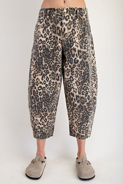 Easel Leopard Print Washed Twill Barrel Pants