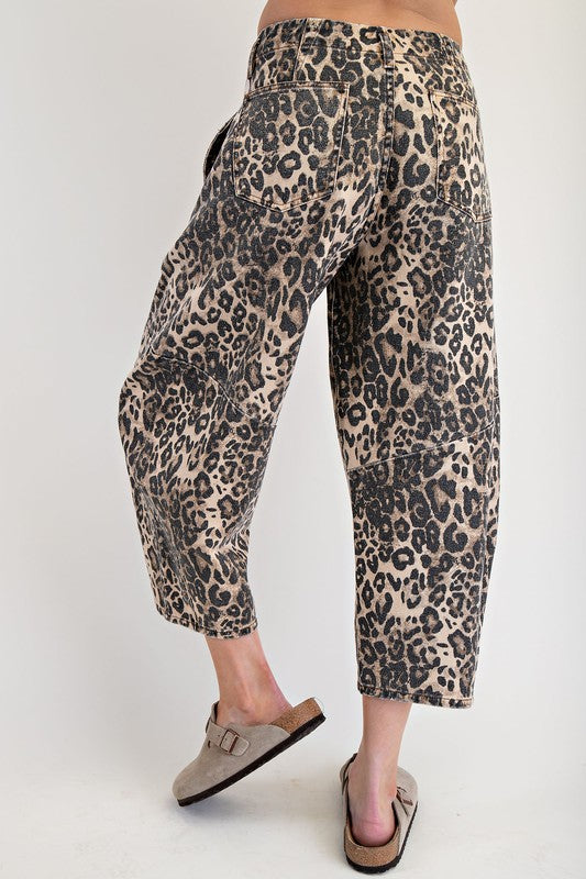 Easel Leopard Print Washed Twill Barrel Pants