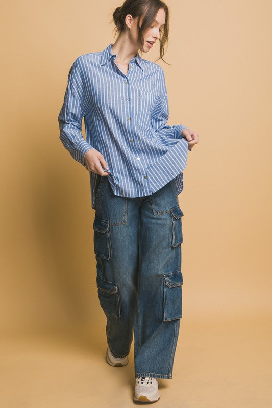 Oversized Stripe Long Sleeve Linen Shirt