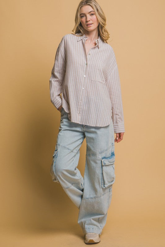 Oversized Stripe Long Sleeve Linen Shirt