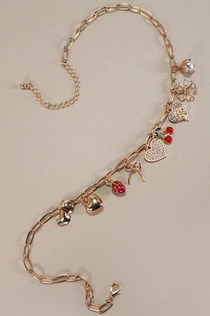 Multi Charm Bow Cherry Heart Necklace