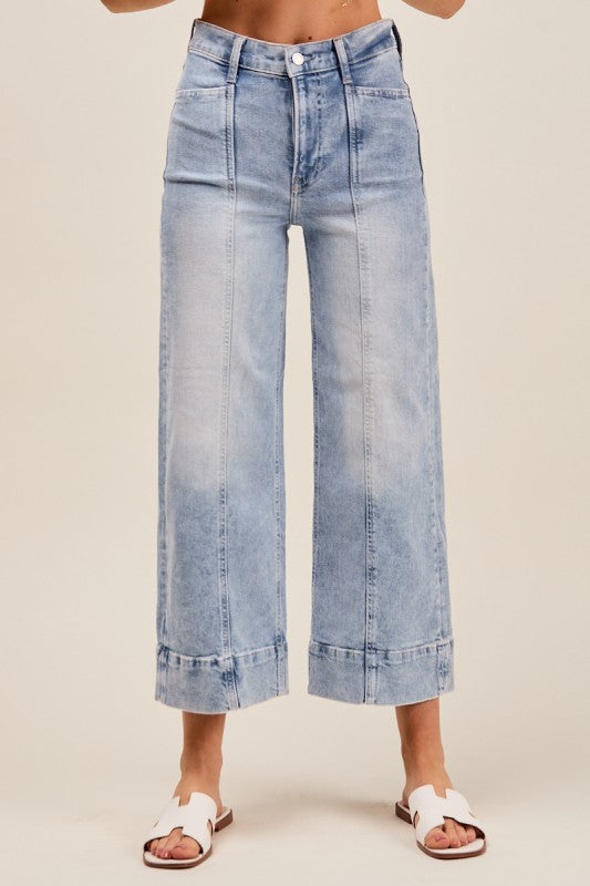 Mid Rise Stretch Wide Leg Denim Jeans Pants